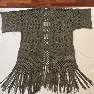 Ralph Lauren Linen Fringe Crochet Macrame Cardigan Sweater Olive Green Medium